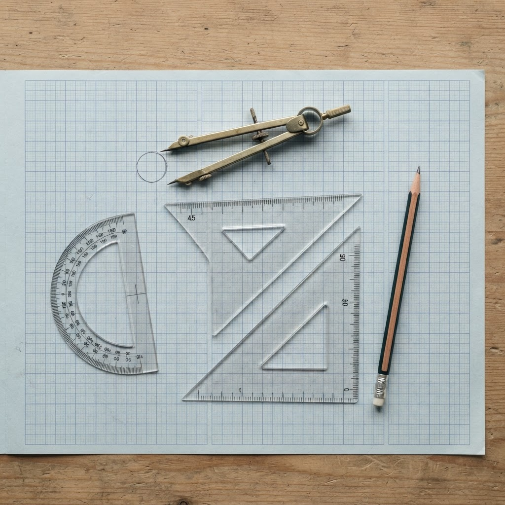 Geometry tools arranged on graph paper