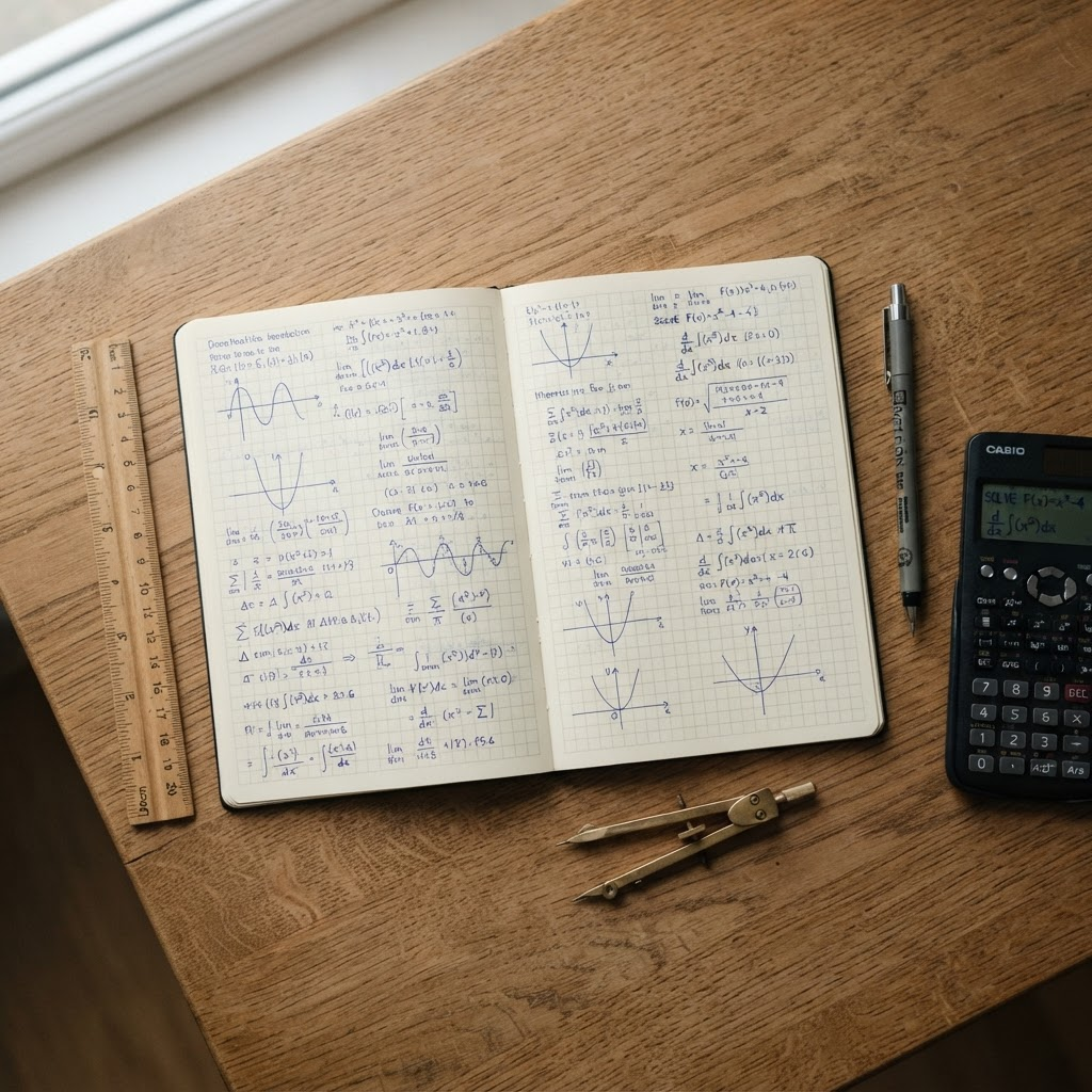 Maths notebook with worked equations on a study desk